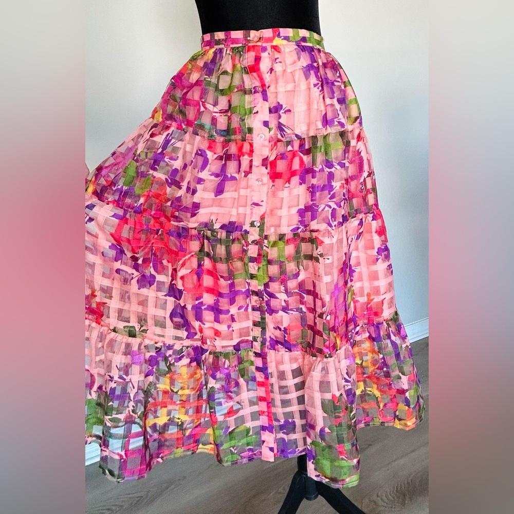 NWT Cottagecore Nicole Miller Organza Gardencore Floral Whimsy Skirt L Gingham